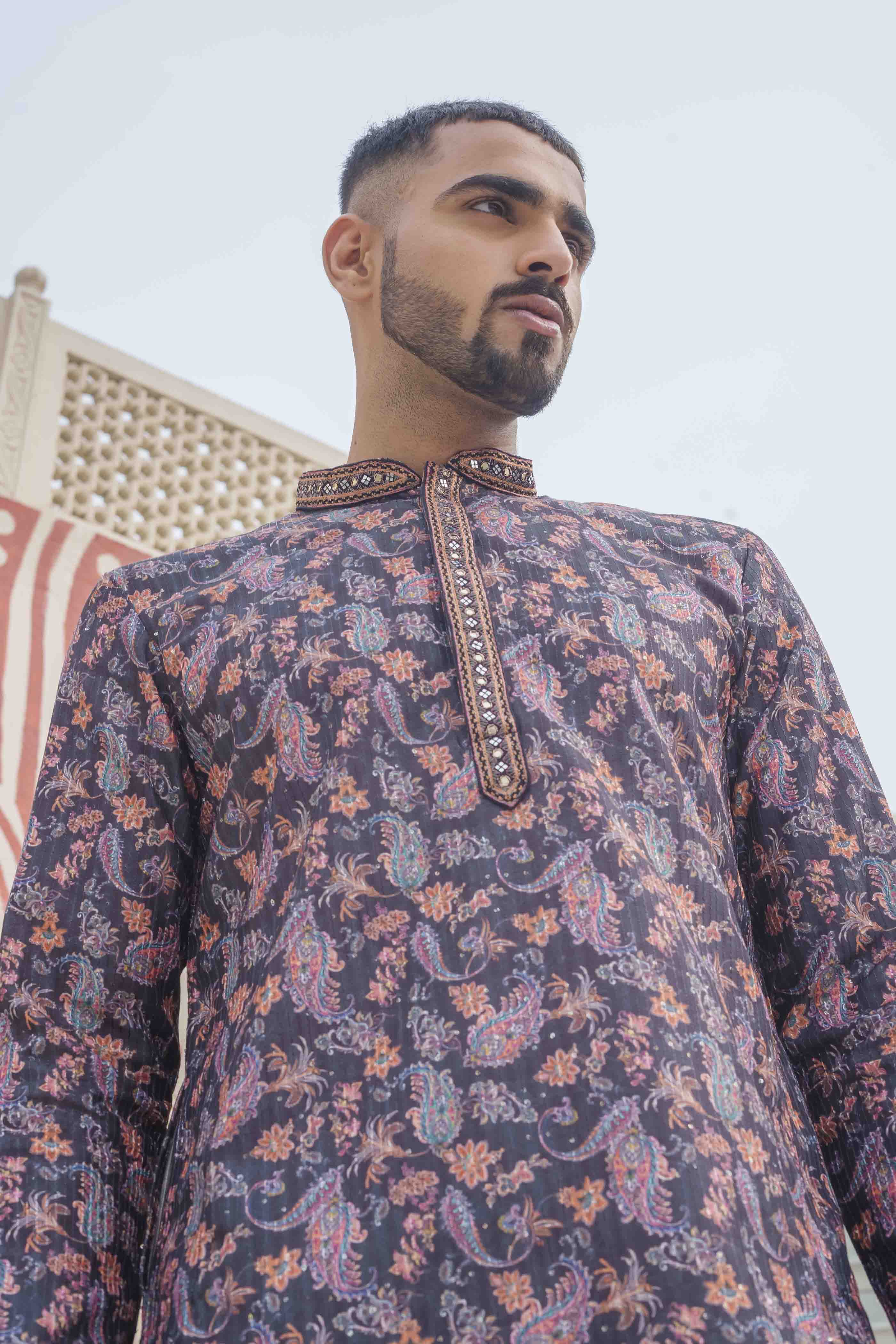 Black Paisley Printed Sequence Kurta